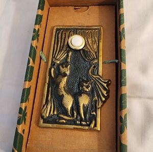 Brass Cat Doorbell Button with Draped Curtain Motif